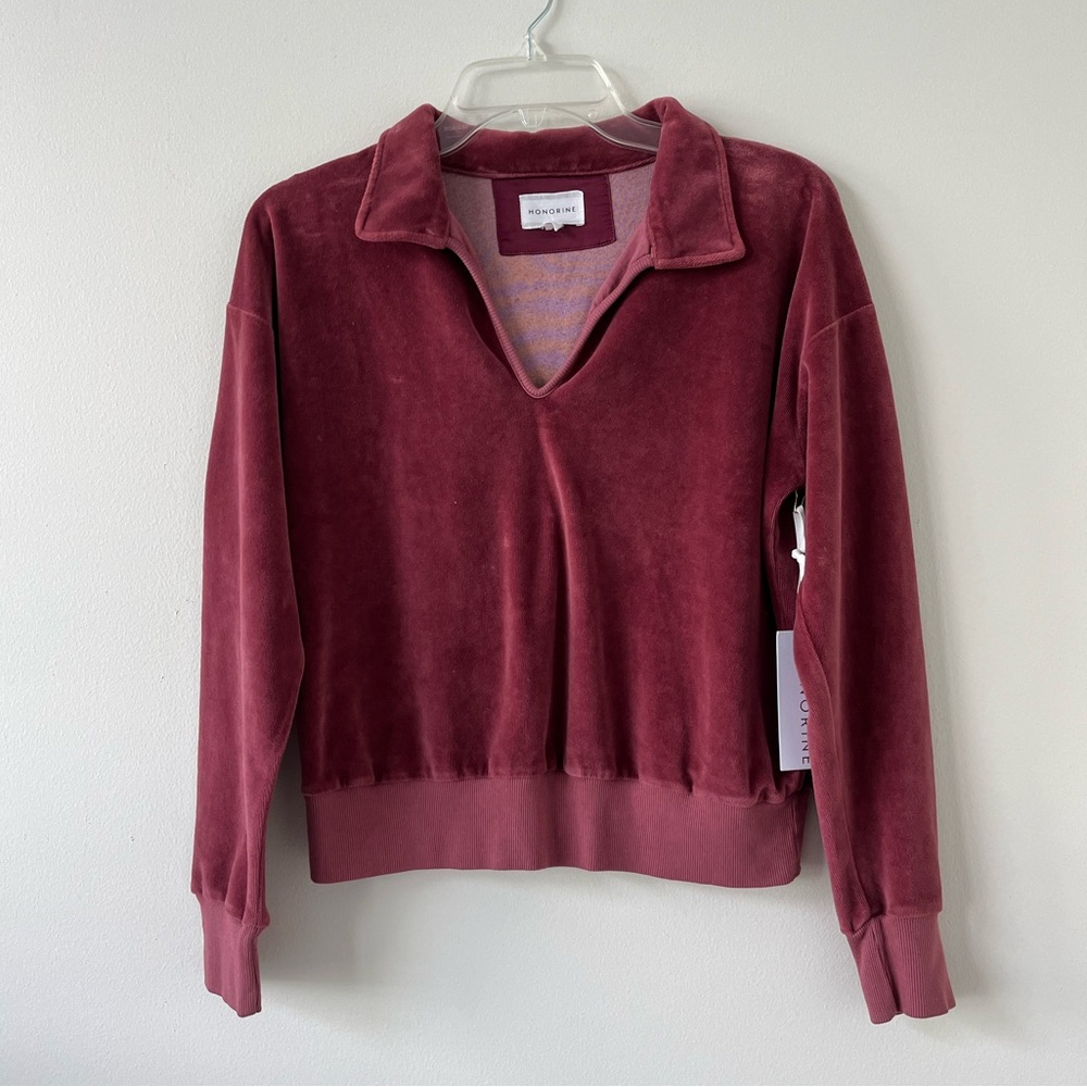 Honorine Cameron Collared V-Neck Long Sleeve Top -Rosewood Velvet NWT Size S